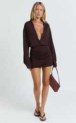 Pearce Mini Dress - Ruched Jersey Shirt Dress in Chocolate