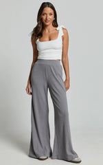Adriana Pants - Ribbed High Waist Wide Leg Pants in Slate Grey