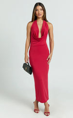 Hawkins Midi Dress - Low Cowl Halter Neck Bodycon Dress in Red