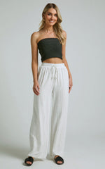 Barbra Pants - Pinstripe Linen High Waisted Relaxed Pants in White Stripe