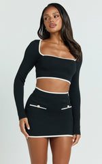 Riri Top - Long Sleeve Square Neck Recycled Knit  Top in Black