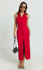 Lillibelle Midi Dress - Collared Button Down Bodycon Dress in Red