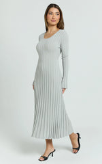 Blaire Midi Dress - Long Sleeve Tie Back Flare Dress in Grey Marle