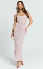 Elysia Maxi Dress - Sequin Straight Neck Tie Back Dress in Pale Pink