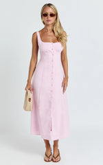 Cameron Midi Dress - Button Front Tie Back Dress in Pink