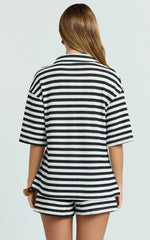 Brenda Top - Textured Stripe Drop Shoulder Button Down Shirt in White/Black