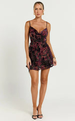 Mariana Mini Dress - Cowl Neck Drawstring Waist Slip Dress in Burn Out Floral