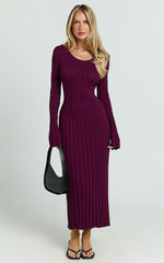 Blaire Midi Dress - Long Sleeve Tie Back Flare Dress in Wine