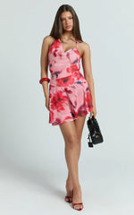 Claudia Mini Dress - Floral Halter Cowl Neck Flounce Dress in Pink Floral