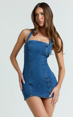 Peggy Mini Dress - Denim Buckle Halter Neck Fitted Dress in Dark Blue Wash