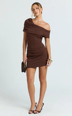 Kairose Mini Dress - Asymmetrical Sleeve Dress in Chocolate