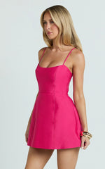 Carolina Mini Dress - Scoop Neck Panel Bodice Dress in Fuchsia