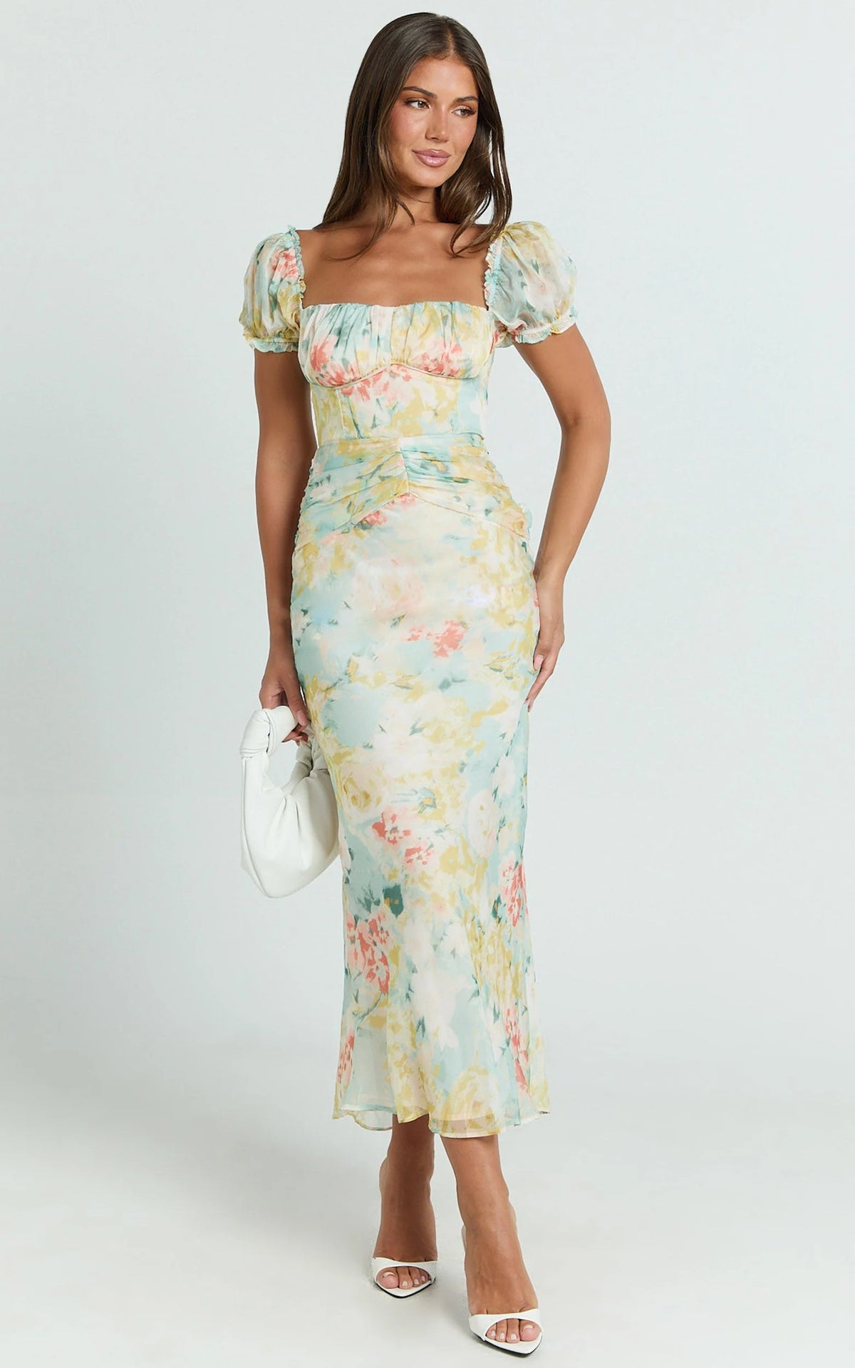 Debina Maxi Dress - Sweetheart Neckline Short Sleeve Dress in Yellow