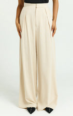 Hermione Linen Blend Pants - High Waist Wide Leg Pleated Palazzo Pants in Natural