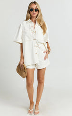 Rhianna Top - Oversized Recycled Denim Short Sleeve Shirt in Ecru with Contrast Tobacco Stitch