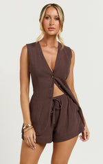 Olivia Top - Longline Linen V Neck Back Tie Vest Top in Chocolate
