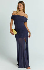 Alanna Maxi Dress - Off Shoulder Ruched Mesh Dress in Ink