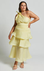 Eugenia Midi Dress - One Shoulder Fit and Flare Layered Dress in Yellow