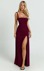 Cardi Maxi Dress - Ruched Mesh High Leg Split Dress in Wine