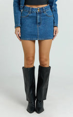 Pamela Mini Skirt - Low Rise Double Button Recycled Denim Skirt in Dark Blue Wash