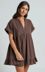 Calissa Mini Dress - Frill Hem Smock Dress in Chocolate