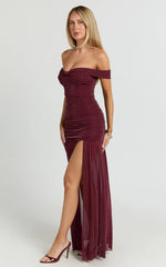 Lilliana Maxi Dress - Glitter Tulle Off Shoulder Tie Front Ruched High Split Dress in Wine