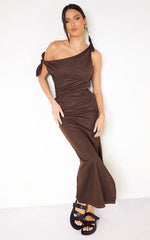 Cincinnati Midi Dress - Off The Shoulder Side Split Column Linen Dress in Chocolate