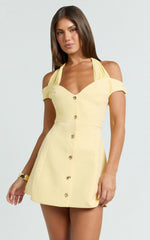 Baylee Mini Dress - Off Shoulder Button Front Tulip Skirt Dress in Lemon
