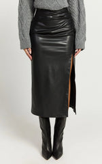 Chantel Midi Skirt - High Waist Ruched Faux Leather Skirt in Black