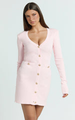 Nikka Mini Dress - Long Sleeve V Neck Bodycon Knit Dress in Pink
