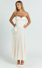 Loretta Midi Dress - Lace Up Back Bustier Pleated Dress in Cream
