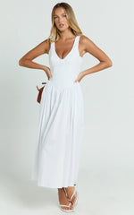 Beckett Midi Dress - Scoop Neck Drop V Waist Gathered Skirt Dress in White