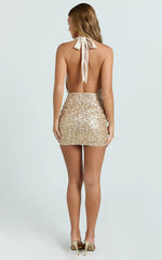 Leonie Mini Dress - Halter Cowl Neck Low Back Sequin Fitted Dress in Gold