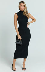 Chantelle Midi Dress - Turtle Neck Sleeveless Ruche Waist Fitted Knit Dress in Black
