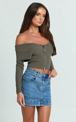 Carlson Top - Off Shoulder Knit Front Zip Top in Dark Khaki