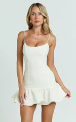 Sammie Mini Dress - Scoop Neck Hem Frill Fitted Dress in Off White