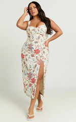 Drew Midi Dress - Linen Cross Back Bustier Dress in Summer Chintz
