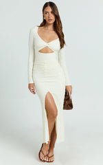 Delaney Midi Dress - Long Sleeve Twist Front Bodycon Dress in Cream