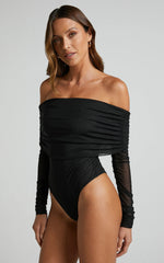Jaythen Bodysuit - Long Sleeve Off Shoulder Ruched Mesh Bodysuit in Black