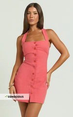 Ricki Mini Dress - Linen Halter Neck Shift Dress in Red