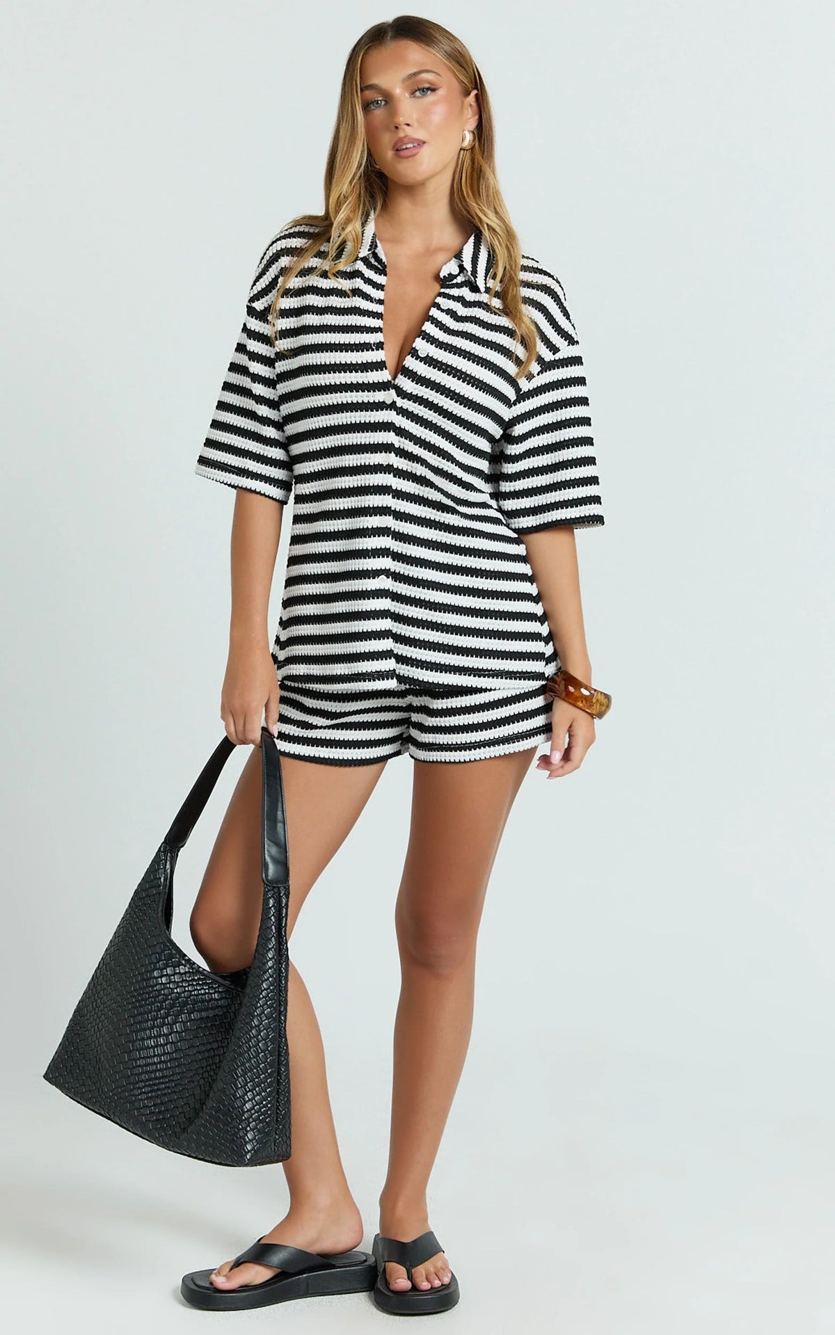 Brenda Top - Textured Stripe Drop Shoulder Button Down Shirt in White/Black