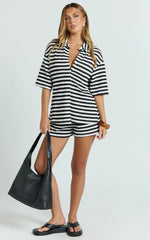 Brenda Top - Textured Stripe Drop Shoulder Button Down Shirt in White/Black