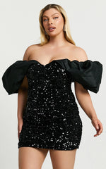 Delphine Mini Dress - Off Shoulder Sequin Bodycon Dress in Black