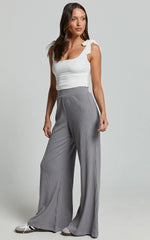 Adriana Pants - Ribbed High Waist Wide Leg Pants in Slate Grey
