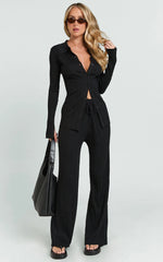 Kelsey Top - Button Through Long Sleeve Knitted Top in Black