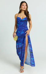 Cher Maxi Dress - Strappy Cowl Neck Bias Cut Georgette Dress in Blue Abstract