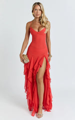 Maeve Maxi Dress - V Neck Ruffle Tier Slip Dress in Chilli