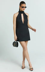 Polly Mini Dress - High Neck Keyhole Shift Dress in Black