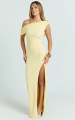 Helen Maxi Dress - One Shoulder Draped Fitted Dress in Lemon