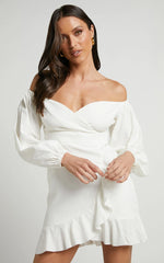 Cant Move On Off Shoulder Mini Linen Blend Dress in White Linen Look